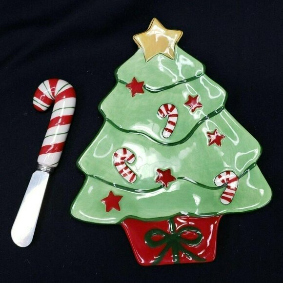 Fitz and Floyd Holiday Wishes Plate‎ Christmas Tree Candy Cookie Canape Spreader - Picture 1 of 11